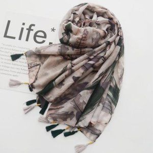 NEW Cotton and Linen Feather Pattern Beaded Fringe Scarf Wrap Pareo